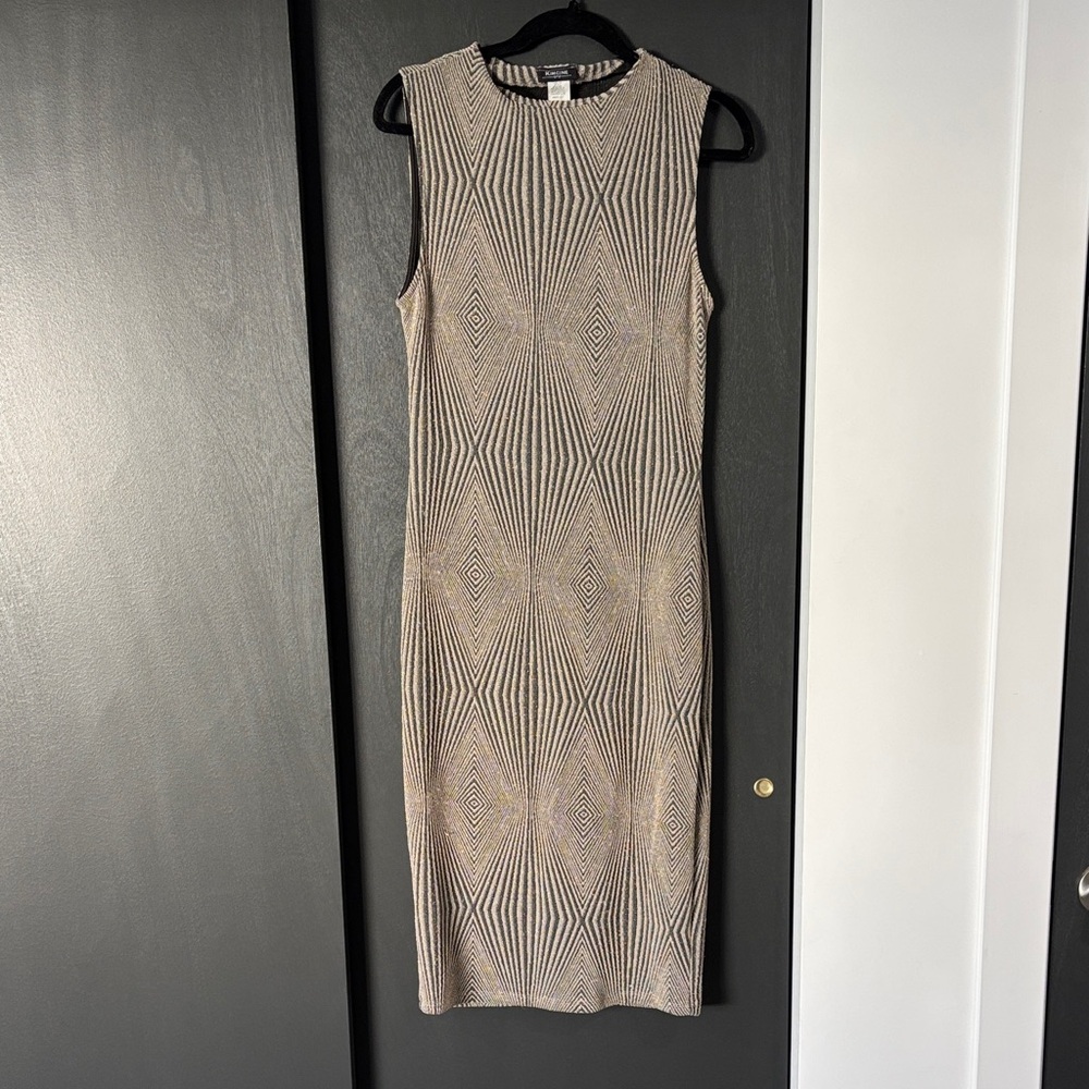 Kim Cine Bodycon Sleeveless Geometric Midi Dress in Glitter Beige and Black XL